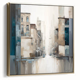 Abstract architecture wall art featuring a modern silver and gold design on a framed canvas, showcasing geometric shapes and lines, perfect for contemporary decor.