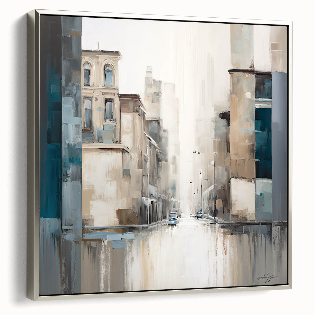 Abstract architecture wall art in a sleek silver frame, showcasing geometric shapes and patterns with a modern aesthetic, perfect for contemporary decor.