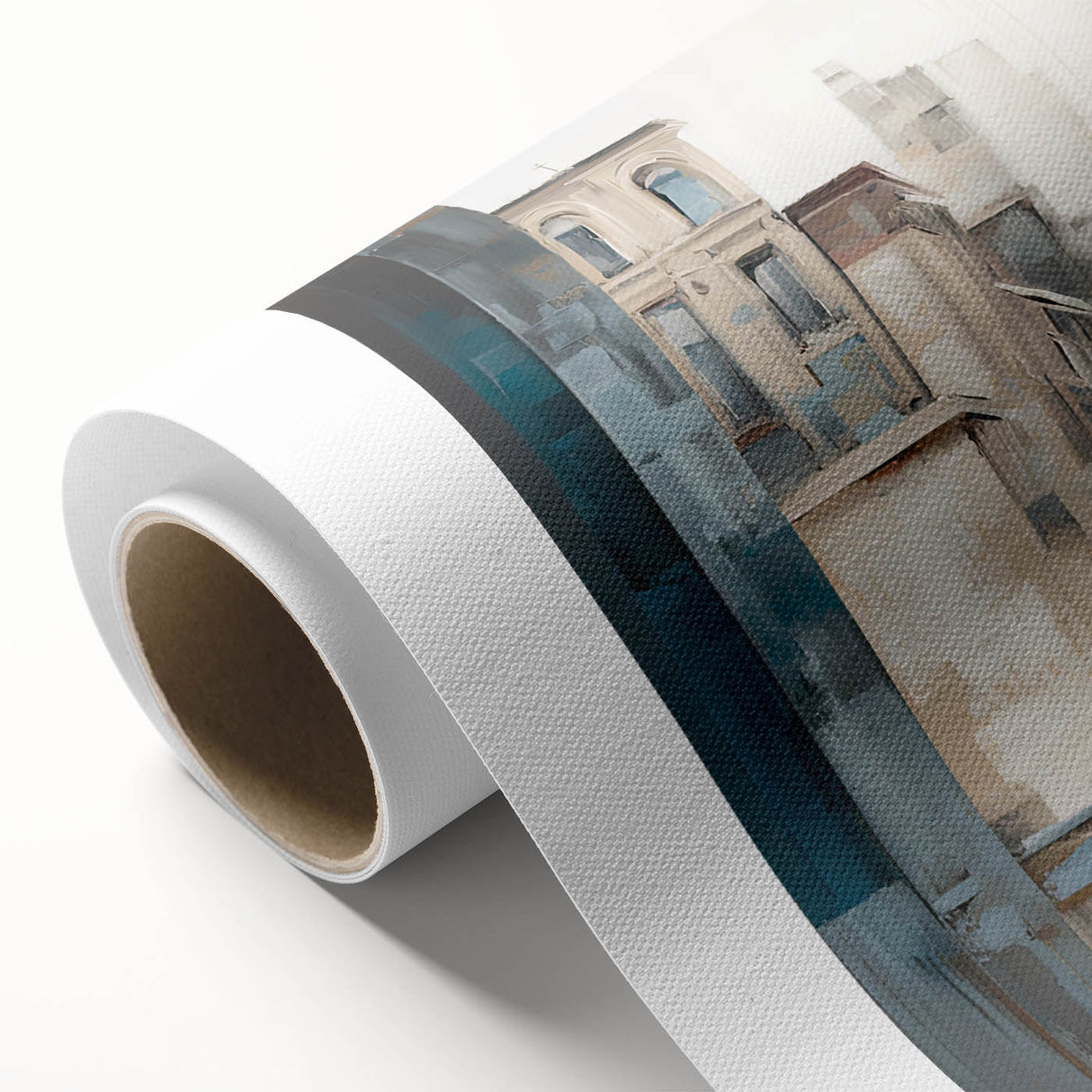 Abstract architectural wall art printed on rolled canvas, showcasing bold geometric shapes in vibrant colors against a textured background, ideal for modern decor.