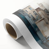 Abstract architectural wall art printed on rolled canvas, showcasing bold geometric shapes in vibrant colors against a textured background, ideal for modern decor.