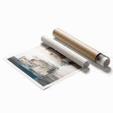 Abstract architectural wall art print showcasing vibrant geometric shapes in bold colors, rolled for easy shipping and display in modern interiors.