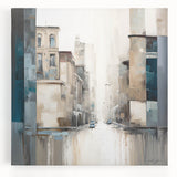 Abstract architectural wall art on stretched canvas showcasing geometric patterns in shades of blue and gray, ideal for modern home decor. Perfect for adding a contemporary touch to living spaces.