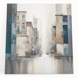 Abstract architectural wall art on stretched canvas, showcasing geometric shapes in vibrant colors, perfect for modern home decor. Ideal for adding a contemporary touch to any room.