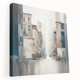Stretched canvas showcasing an abstract architectural design with vibrant colors and geometric shapes, perfect for modern home decor and art enthusiasts.