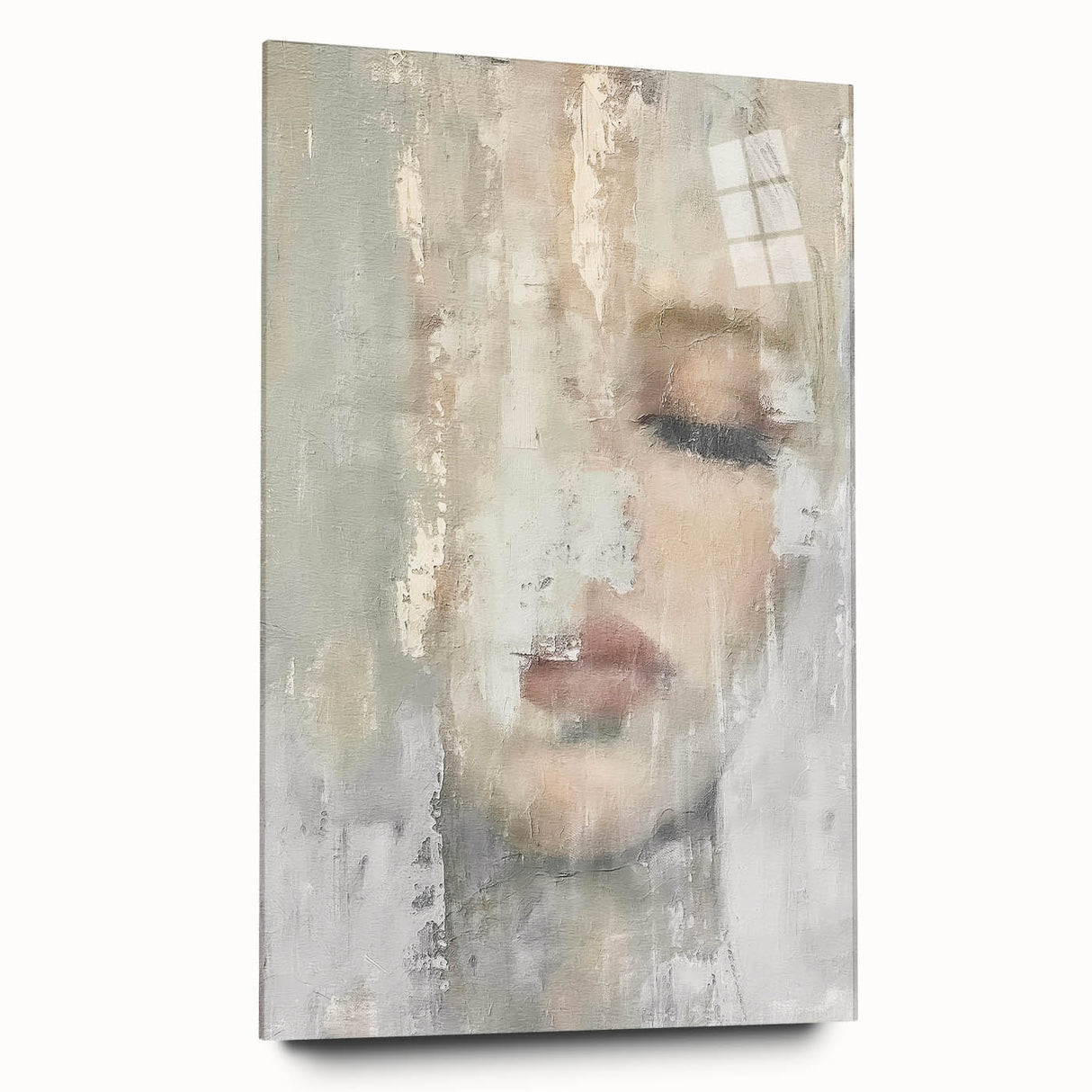 Abstract figurative wall art displayed in a sleek acrylic glass frame, showcasing vibrant colors and dynamic shapes; perfect for modern home decor.
