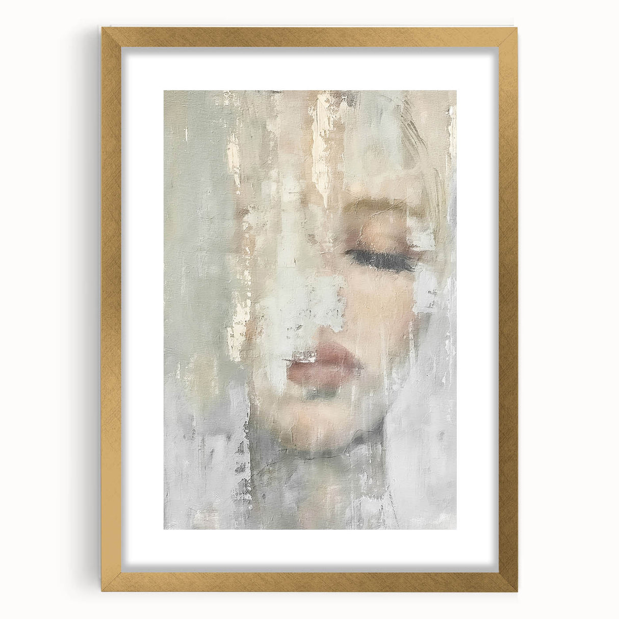 Abstract figurative wall art print in a sleek gold frame with a mat, showcasing fluid shapes and vibrant colors, ideal for modern home decor.