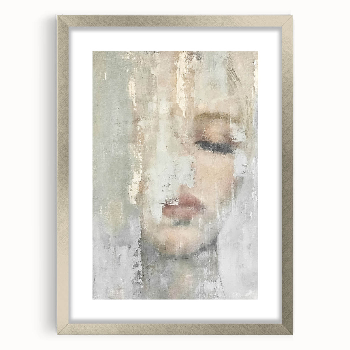 Abstract figurative wall art framed in silver with a mat, showcasing vibrant colors and dynamic shapes, ideal for contemporary home decor and artistic expression.