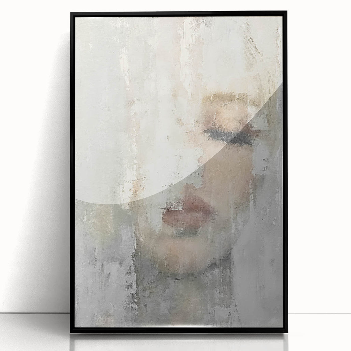 Framed abstract figurative wall art with a black acrylic front, showcasing vibrant colors and dynamic shapes, perfect for modern home decor and artistic expression.