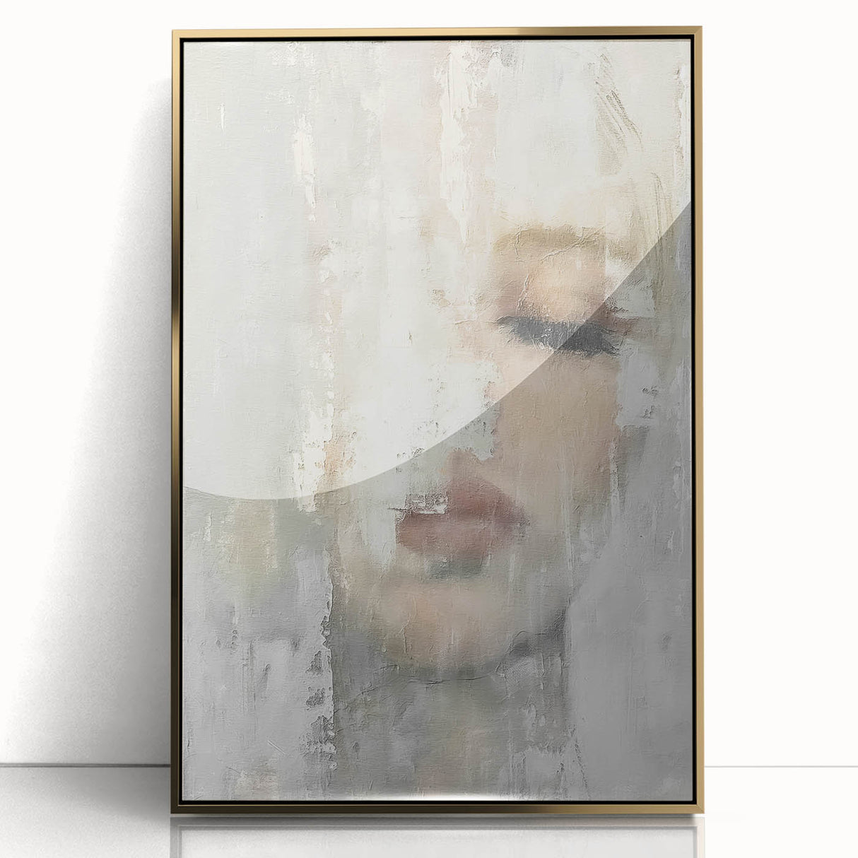 Framed abstract figurative wall art with a gold-acrylic finish, showcasing a modern design ideal for contemporary home decor. The artwork features vibrant colors and dynamic shapes that enhance any living space.