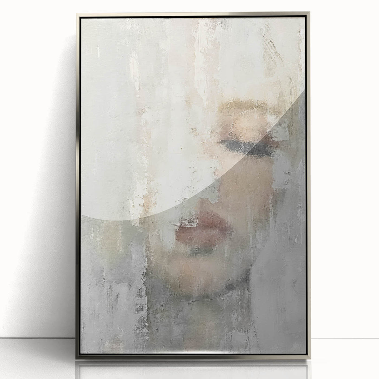 Framed abstract figurative wall art in silver acrylic, showcasing dynamic shapes and modern design, perfect for contemporary home decor and artistic expression.
