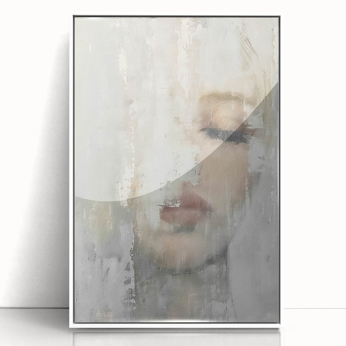 Framed abstract figurative wall art featuring vibrant colors and dynamic shapes, displayed in a sleek white frame, perfect for modern home decor.
