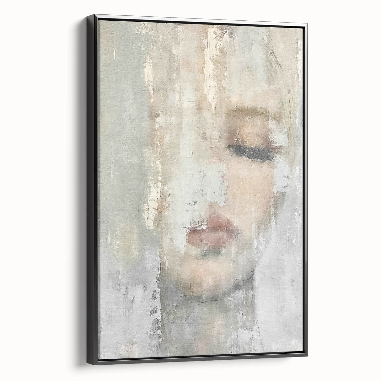 Abstract figurative wall art in a black frame, showcasing vibrant colors and dynamic shapes, ideal for modern decor. Side view highlights its textured finish and sleek design, enhancing contemporary interior aesthetics.