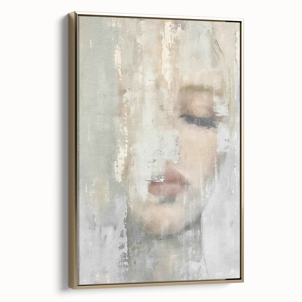 Framed abstract figurative wall art featuring gold accents, displayed from a side view, showcasing elegant design and texture perfect for modern decor.