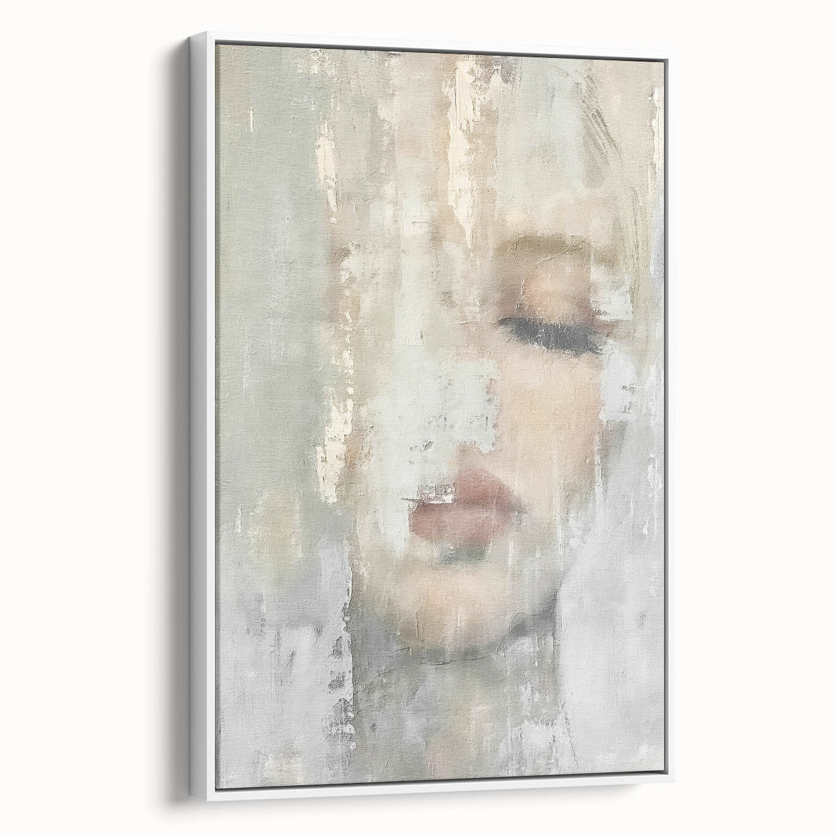 Framed abstract figurative wall art in a sleek white frame, showcasing vibrant colors and unique shapes, perfect for modern home decor.