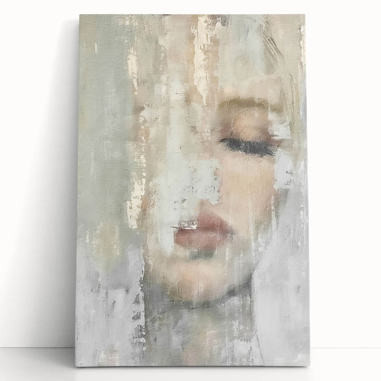 Abstract figurative wall art on stretched canvas, showcasing vibrant colors and dynamic shapes, leaning against a neutral backdrop, perfect for modern home decor.