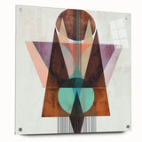 Abstract geometric acrylic glass artwork showcasing a side view with visible pins, featuring vibrant colors and sharp angles, perfect for modern decor.