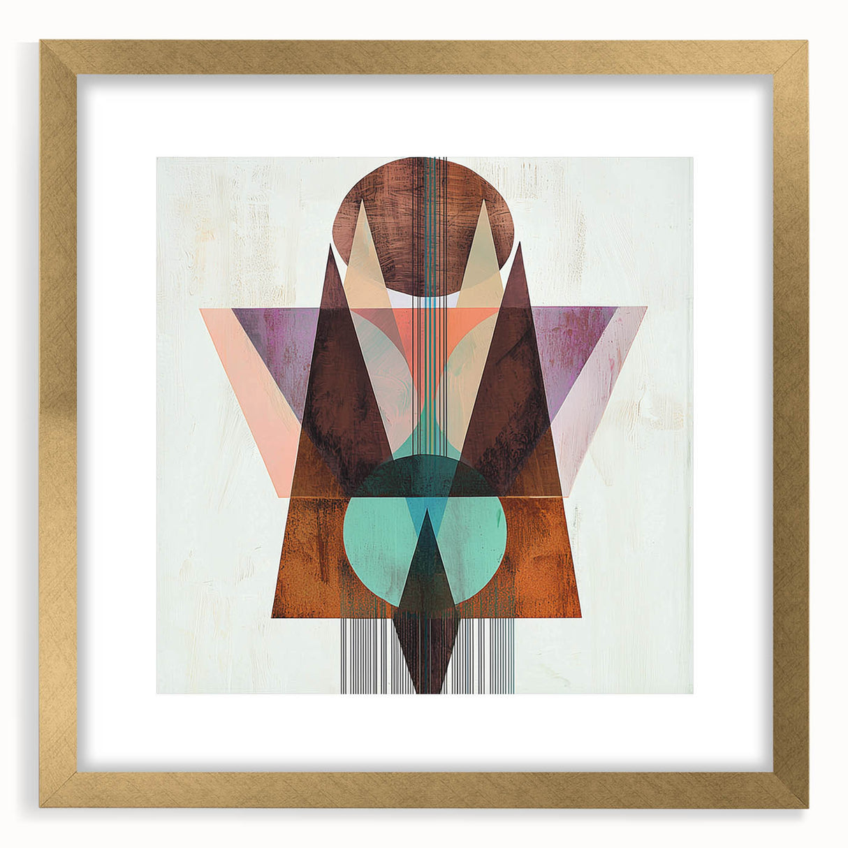 Abstract geometric frame in gold with a mat, showcasing a modern design suitable for home decor, emphasizing elegance and sophistication in interior styling.
