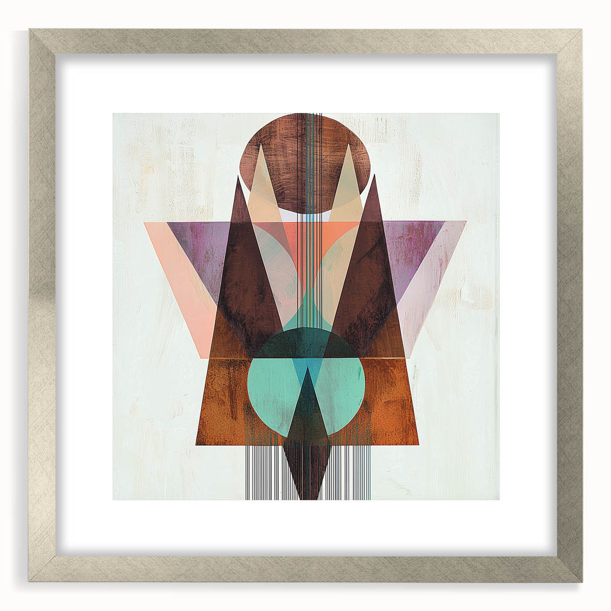 Abstract geometric frame with a sleek silver mat, showcasing a modern design perfect for contemporary decor. Ideal for enhancing artistic spaces and home interiors.