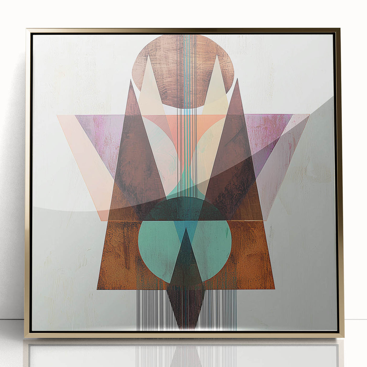 Framed geometric abstract art piece with a gold accent, showcasing sharp lines and modern design, perfect for contemporary home decor and interior styling.