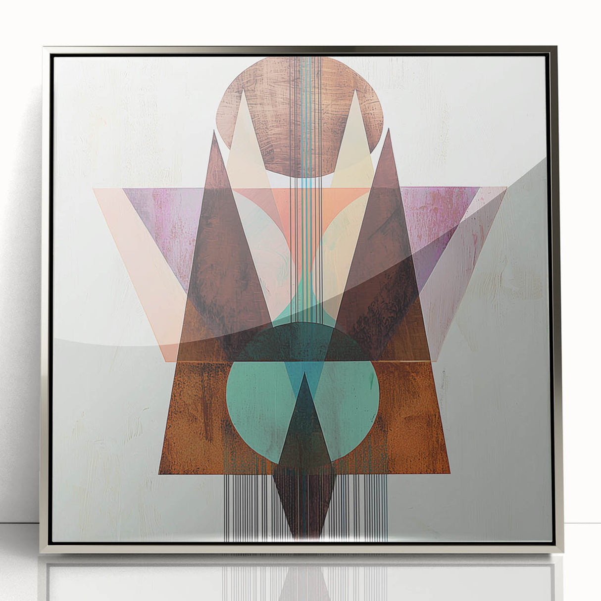 Framed abstract geometric wall art in silver tones, showcasing intricate shapes and patterns, perfect for modern decor. Ideal for enhancing contemporary living spaces.