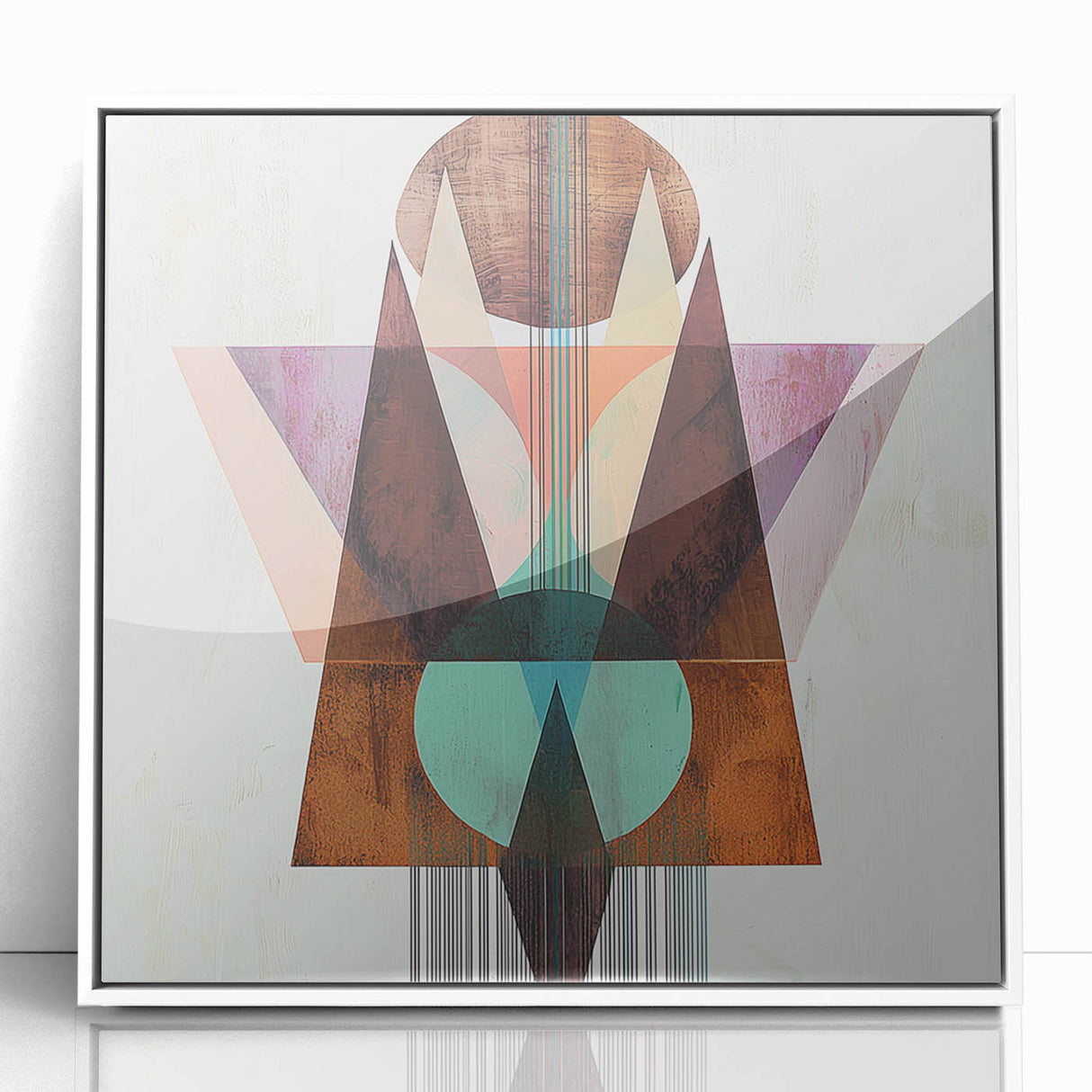 Framed geometric abstract acrylic artwork in white, showcasing modern design elements with sharp lines and soft curves, perfect for contemporary decor.
