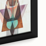 Close-up of an abstract geometric framed canvas showcasing vibrant colors and intricate patterns, ideal for modern home decor and wall art enthusiasts.