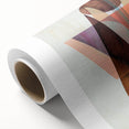 Abstract geometric rolled canvas artwork showcasing vibrant colors of blue, orange, and yellow, ideal for modern home decor. Packaged securely in a sturdy cardboard tube for protection during shipping.