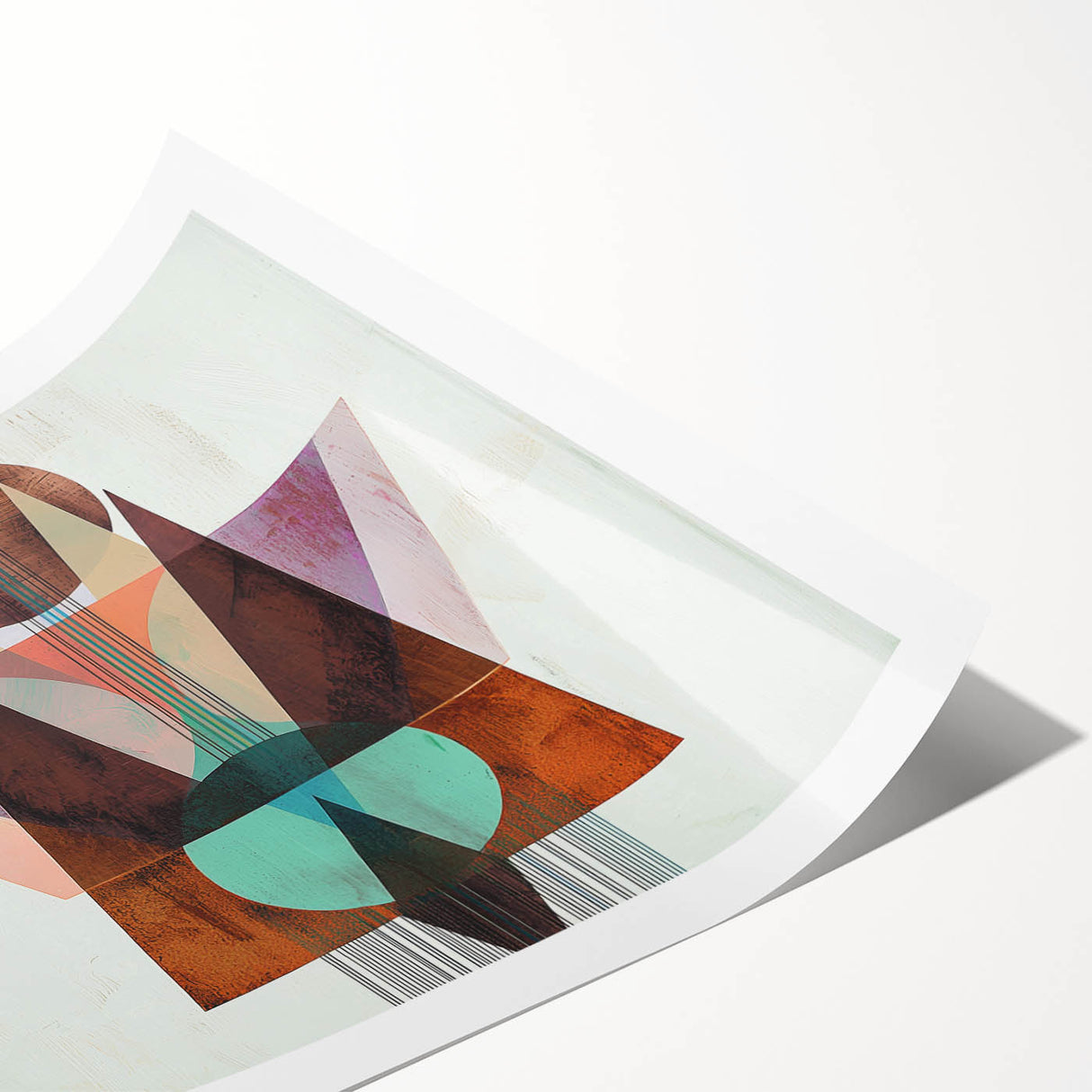Abstract geometric rolled print showcasing vibrant colors and intricate shapes, ideal for modern home decor. Packaged securely in a durable cardboard tube for safe delivery and storage.