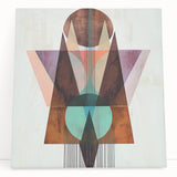 Abstract geometric stretched canvas artwork featuring vibrant colors and intricate shapes, leaning against a neutral wall, perfect for modern home decor. This eye-catching piece adds a contemporary touch to any living space.