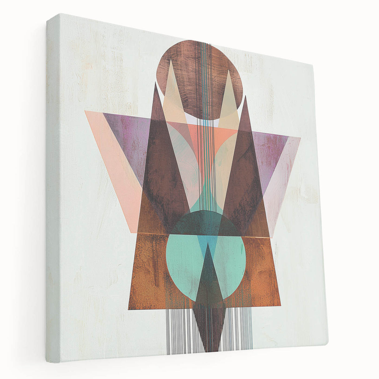 Abstract geometric canvas artwork showcasing vibrant colors and dynamic shapes, displayed from a side view, perfect for modern home decor or office spaces.
