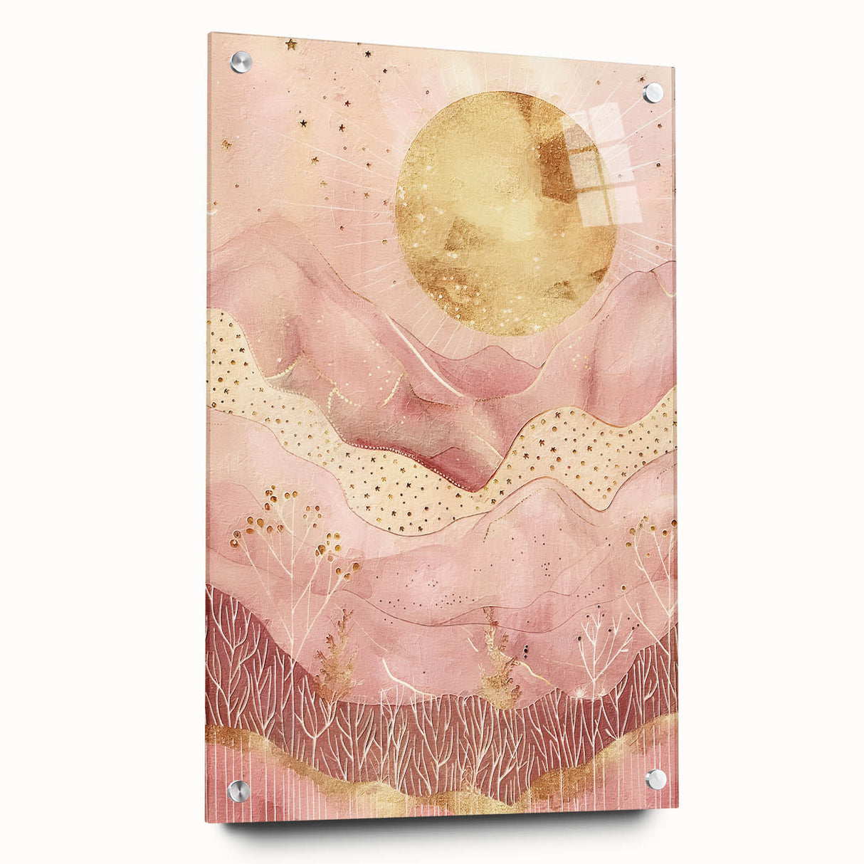 Abstract landscape wall art piece displayed in a side view, showcasing vibrant colors and intricate details, mounted with pins for an elegant finish. The acrylic glass frame enhances the artwork's depth and visual appeal, making it a striking addition to modern decor.