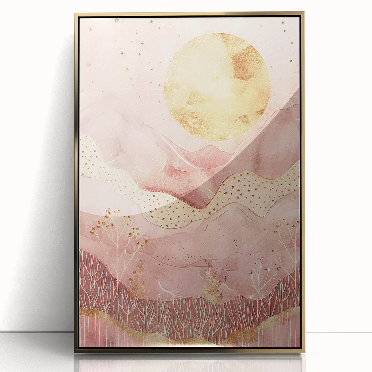 Framed abstract landscape wall art with gold accents, showcasing a modern design that enhances interior decor, perfect for contemporary living spaces.