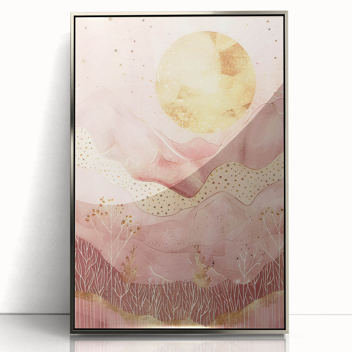 Framed abstract landscape wall art in silver acrylic, showcasing vibrant colors and dynamic shapes, perfect for modern home decor or office settings.