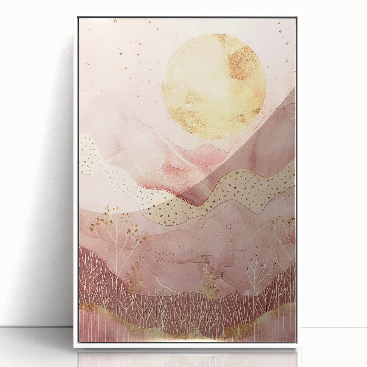 Framed acrylic wall art featuring a vibrant abstract landscape design with rich colors, elegantly displayed against a white backdrop, perfect for modern home decor.