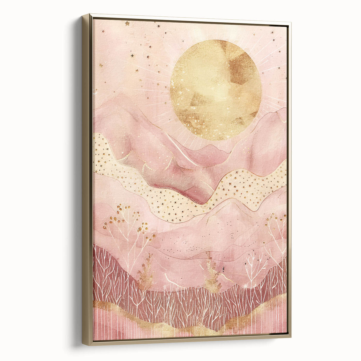 Framed abstract landscape wall art showcasing gold accents and a modern design, perfect for enhancing contemporary home decor with elegance and style.