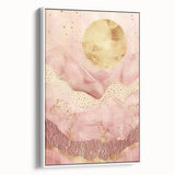 Framed abstract landscape wall art in soft pastel colors, showcasing a serene white backdrop with subtle textures, ideal for modern home decor.