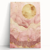 Abstract landscape wall art on stretched canvas, showcasing vibrant colors and fluid shapes, leaning against a neutral wall, perfect for modern home decor.