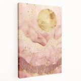 Abstract landscape wall art on stretched canvas, showcasing vibrant colors and fluid shapes, perfect for modern home decor. The side view highlights its depth and texture.