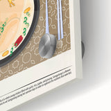 Large abstract wall art featuring assorted food dishes in vibrant colors on acrylic glass, ideal for dining room decor.