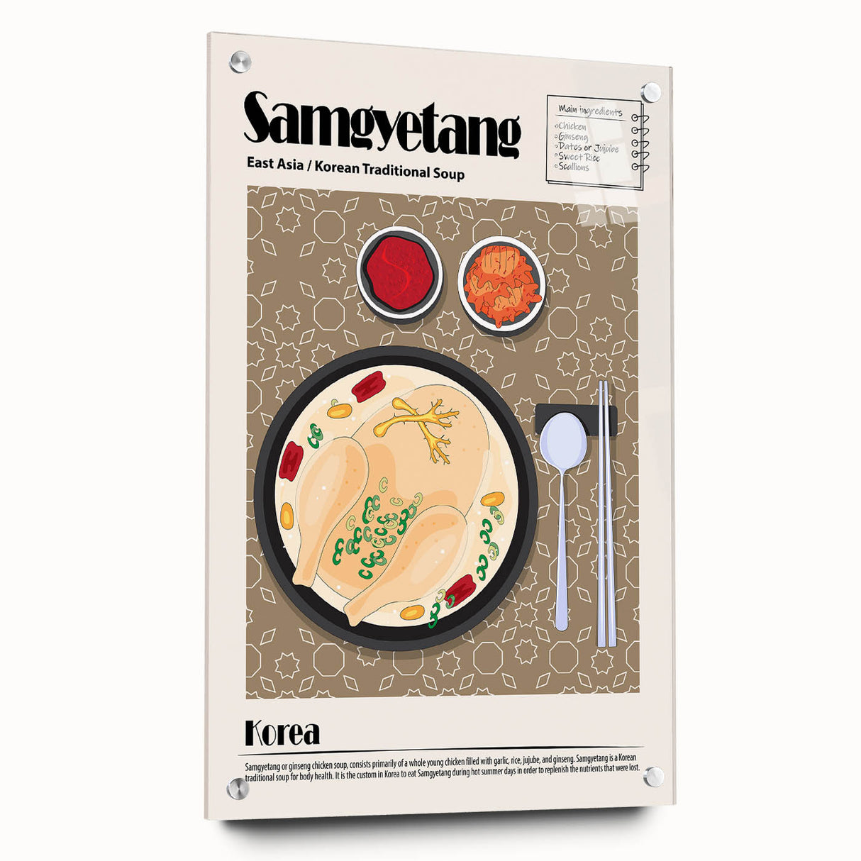 Acrylic print of various colorful food dishes, suitable for dining room or kitchen decor.