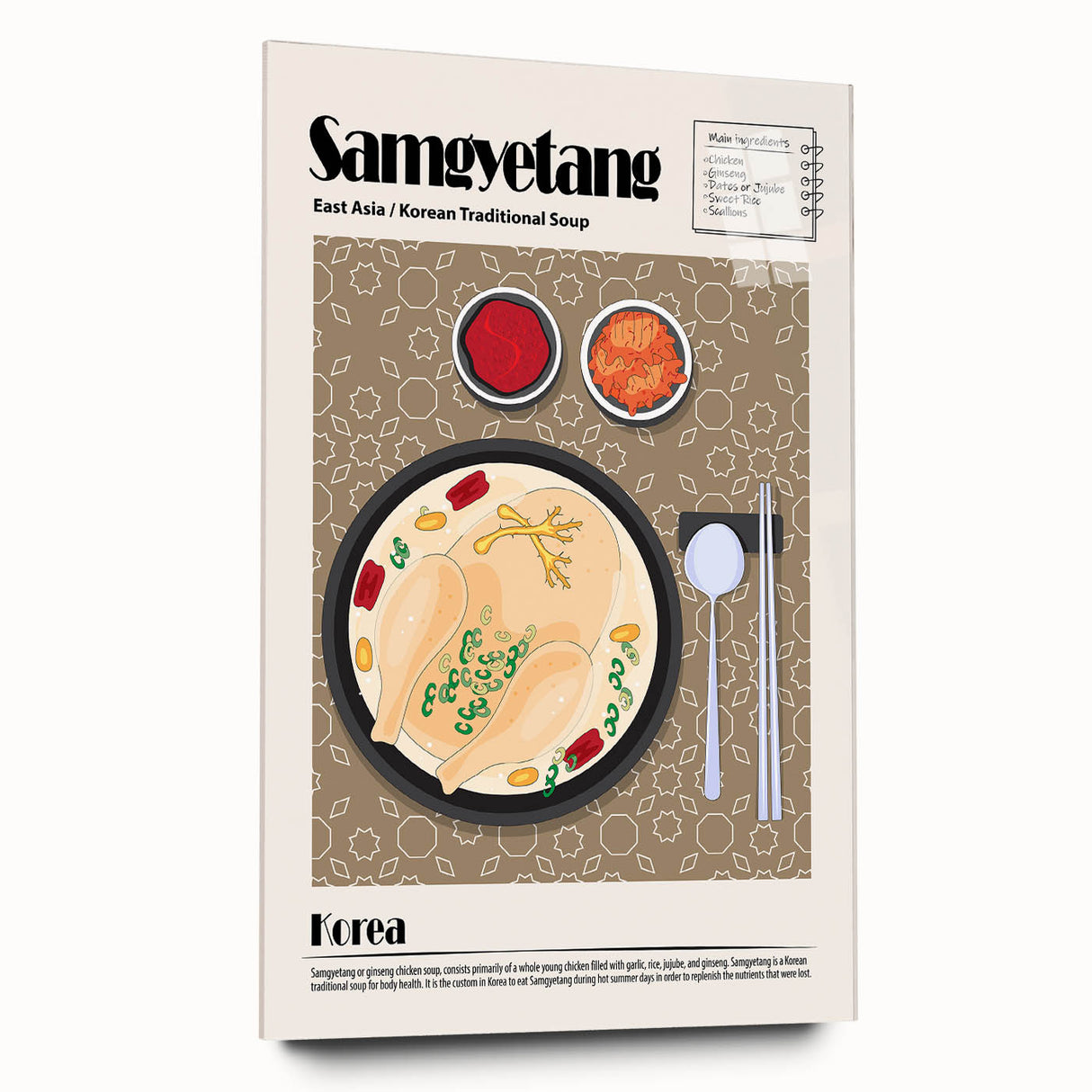 Large abstract wall art featuring assorted food dishes in vivid colors on acrylic glass.