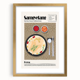 Extra large abstract art print featuring textured food dishes in gold frame, ideal for living room decor.