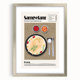 Textured art depicting abstract food dishes in muted earth tones, framed in silver, ideal for dining room decor.