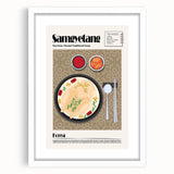 Abstract art print of assorted dishes in muted earth tones on a white framed canvas, ideal for dining room decor.