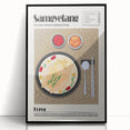 Large abstract wall art featuring assorted food dishes in bold colors on a framed acrylic.