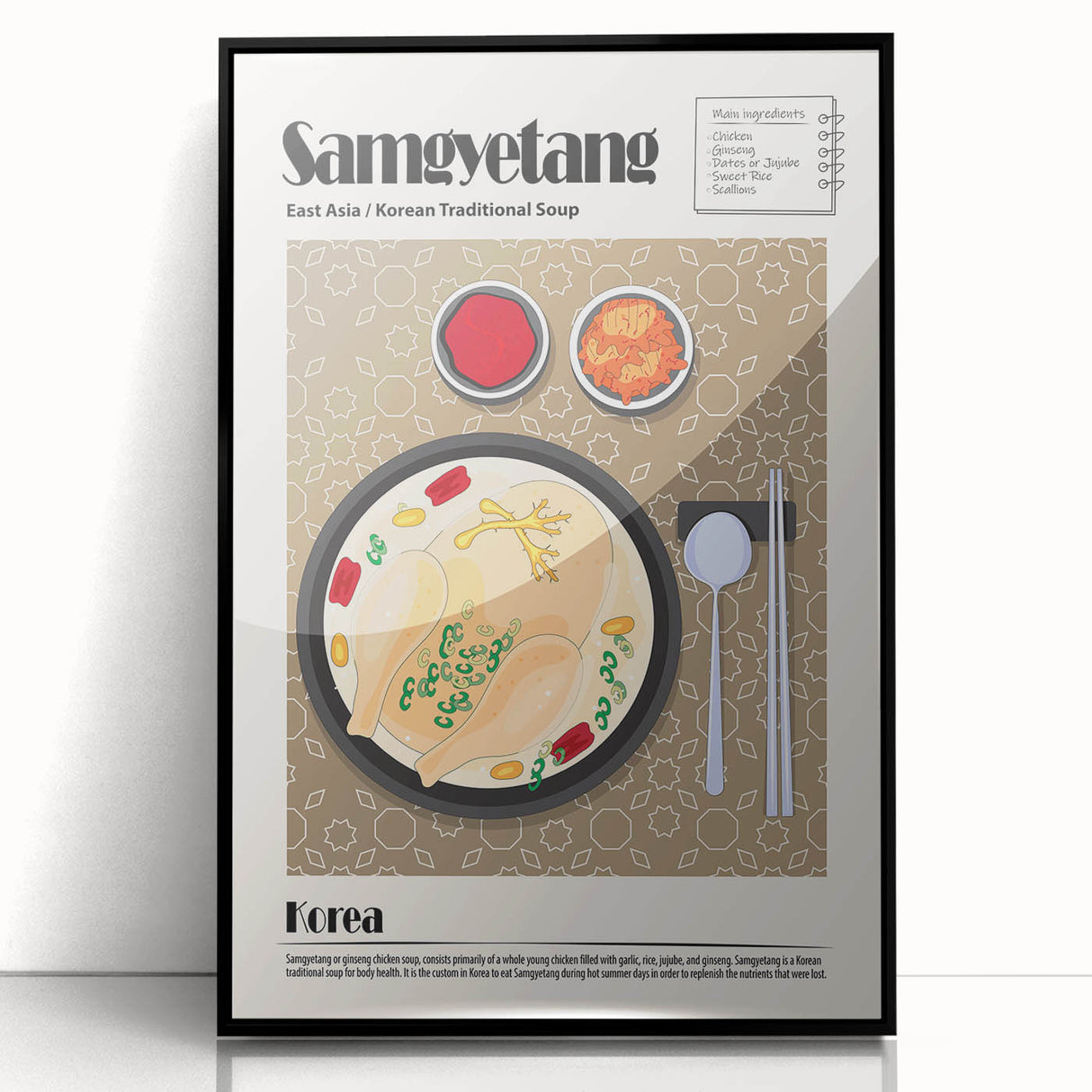 Large abstract wall art featuring assorted food dishes in bold colors on a framed acrylic.