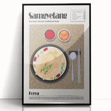 Large abstract wall art featuring assorted food dishes in bold colors on a framed acrylic.
