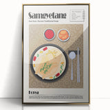 Large art print featuring an array of mid-century modernist food dishes in gold tones on framed acrylic.