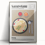 Mid-century modernist art featuring various stylized food dishes in muted colors on a framed acrylic print.