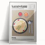 Acrylic print of assorted food dishes in art deco style with a white frame, ideal for modern kitchen decor.